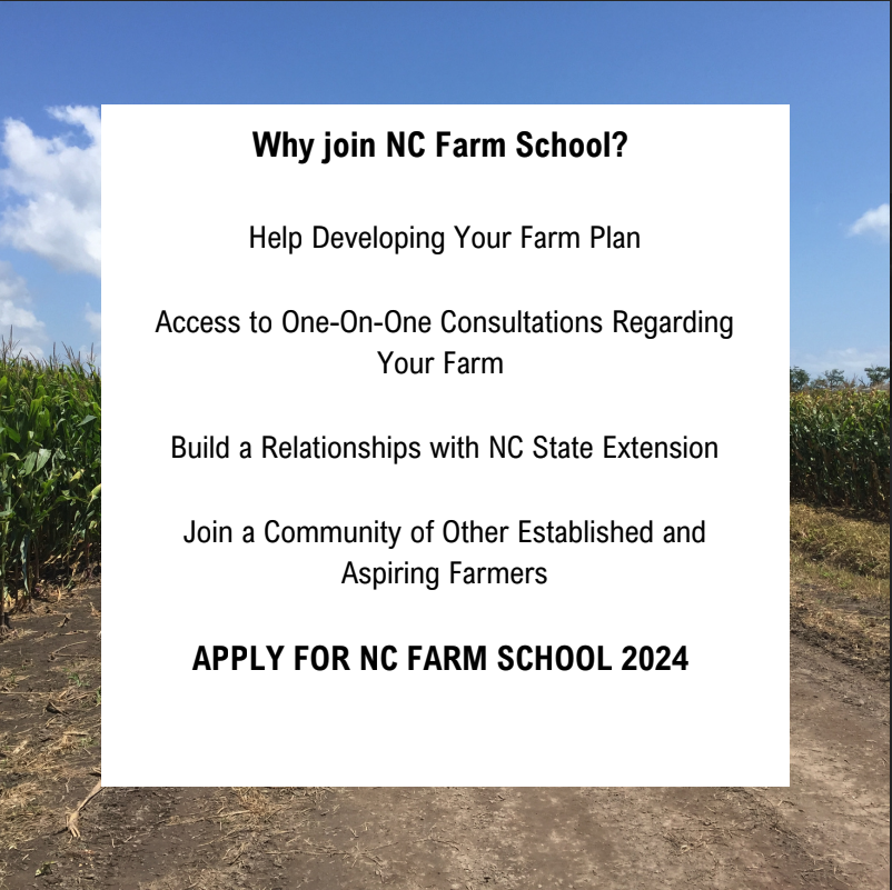 Why join NC Farm School? Help Developing Your Farm Plan Access to One-On-One Consultations Regarding Your Farm Build a Relationships with NC State Extension Join a Community of Other Established and Aspiring Farmers APPLY FOR NC FARM SCHOOL 2024